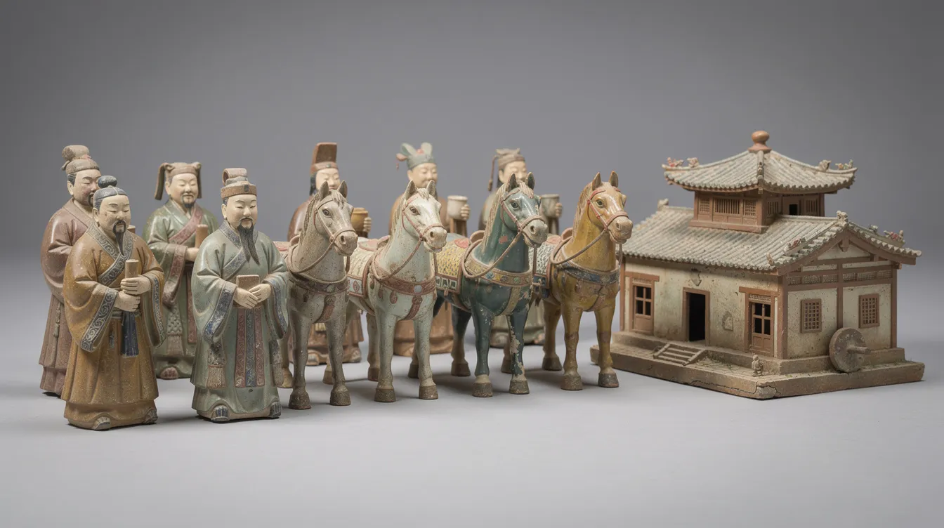 Eine Reihe antiker chinesischer Keramikfiguren aus der Han-Dynastie zeigt Diener, Pferde und Gebäudemodelle, die vor einem neutralen Hintergrund aufgestellt sind. Diese Figuren repräsentieren das Erbe und die Kultur des Han-Reiches, das eine Blütezeit in der Geschichte Chinas darstellt.
