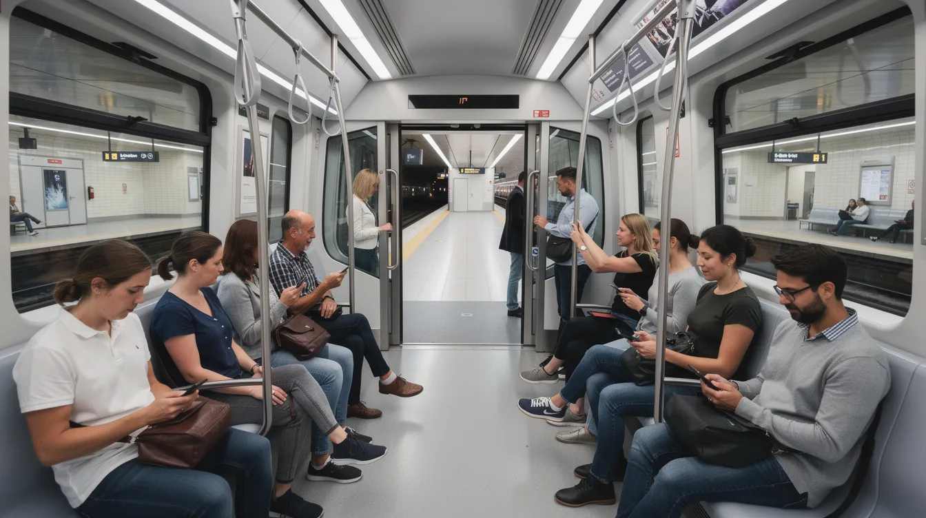 Ein moderner, heller U-Bahn-Waggon ist in einer sauberen Station zu sehen, in der mehrere Passagiere stehen und sitzen. Die Umgebung strahlt eine zeitgemäße Atmosphäre aus, die typisch für die Megacity Shenzhen ist.