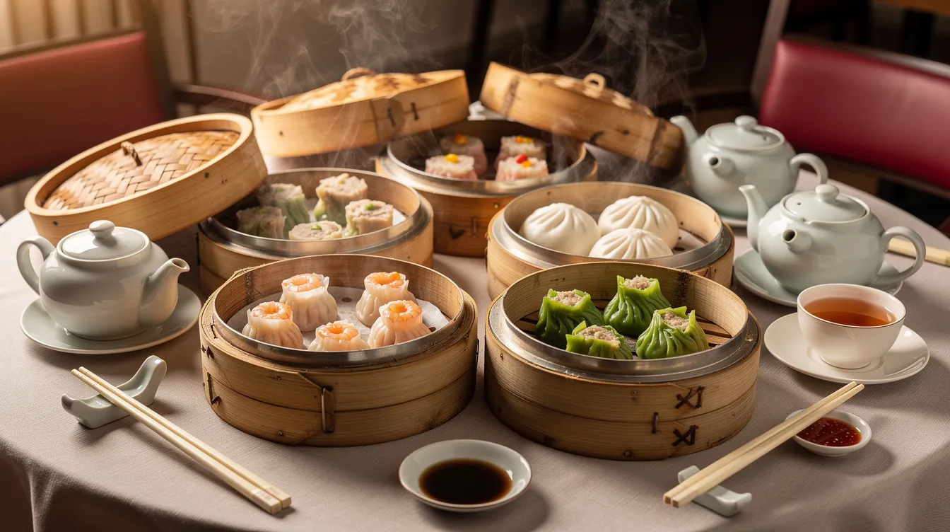 Auf dem Tisch stehen dampfende Dim Sum in Bambus-Dämpfkörbchen, umgeben von eleganten Teekannen. Diese köstlichen chinesischen Speisen repräsentieren die Vielfalt und Aromen der chinesischen Küche und laden zu einem unvergesslichen Geschmackserlebnis ein.