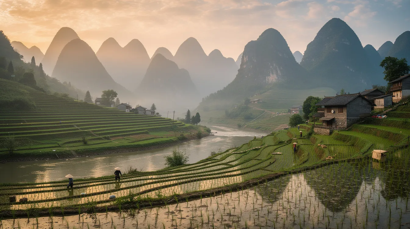 Der Panoramablick zeigt eine vielfältige chinesische Landschaft mit majestätischen Bergen, üppigen Reisfeldern und einem klaren Fluss im Vordergrund, der die Schönheit und die natürliche Vielfalt der Provinzen der Volksrepublik China widerspiegelt. Diese idyllische Szenerie vereint die Elemente von Erde und Wasser und verdeutlicht die harmonische Beziehung zwischen Mensch und Natur in den verschiedenen Regionen des Landes.