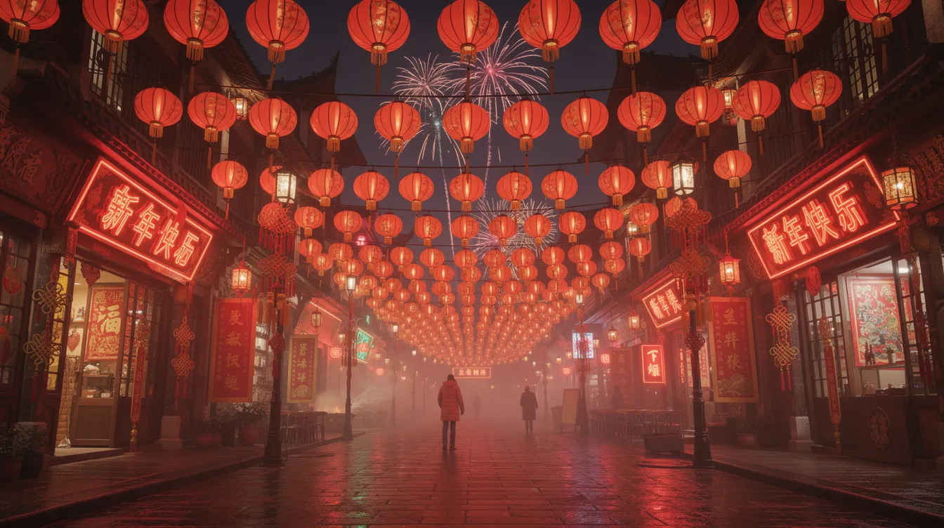 In einer festlich geschmückten Straße während der chinesischen Neujahrsfeierlichkeiten hängen zahlreiche rote Laternen dicht beieinander und verleihen der nächtlichen Atmosphäre eine besondere Freude und Tradition. Diese Szene spiegelt die kulturellen Bräuche und das Glück wider, das mit dem Mondneujahr verbunden ist.
