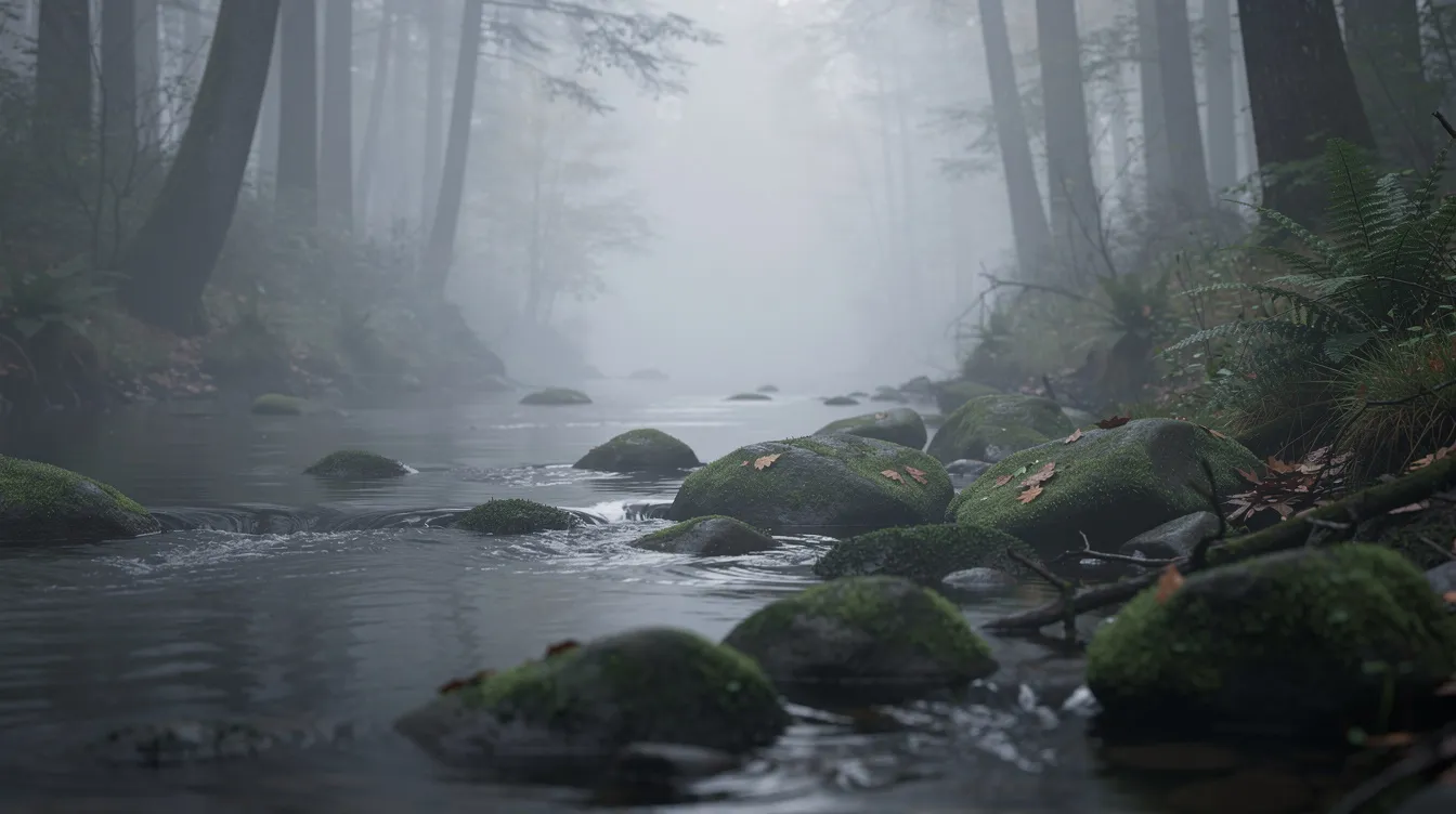 Ein ruhiger Fluss fließt sanft zwischen moosbewachsenen Steinen durch einen nebligen Wald, umgeben von der Stille und der tiefen Weisheit der Natur. Diese Szenerie erinnert an die Lebensweisheiten von Laotse, die uns lehren, im Einklang mit dem Universum zu leben.