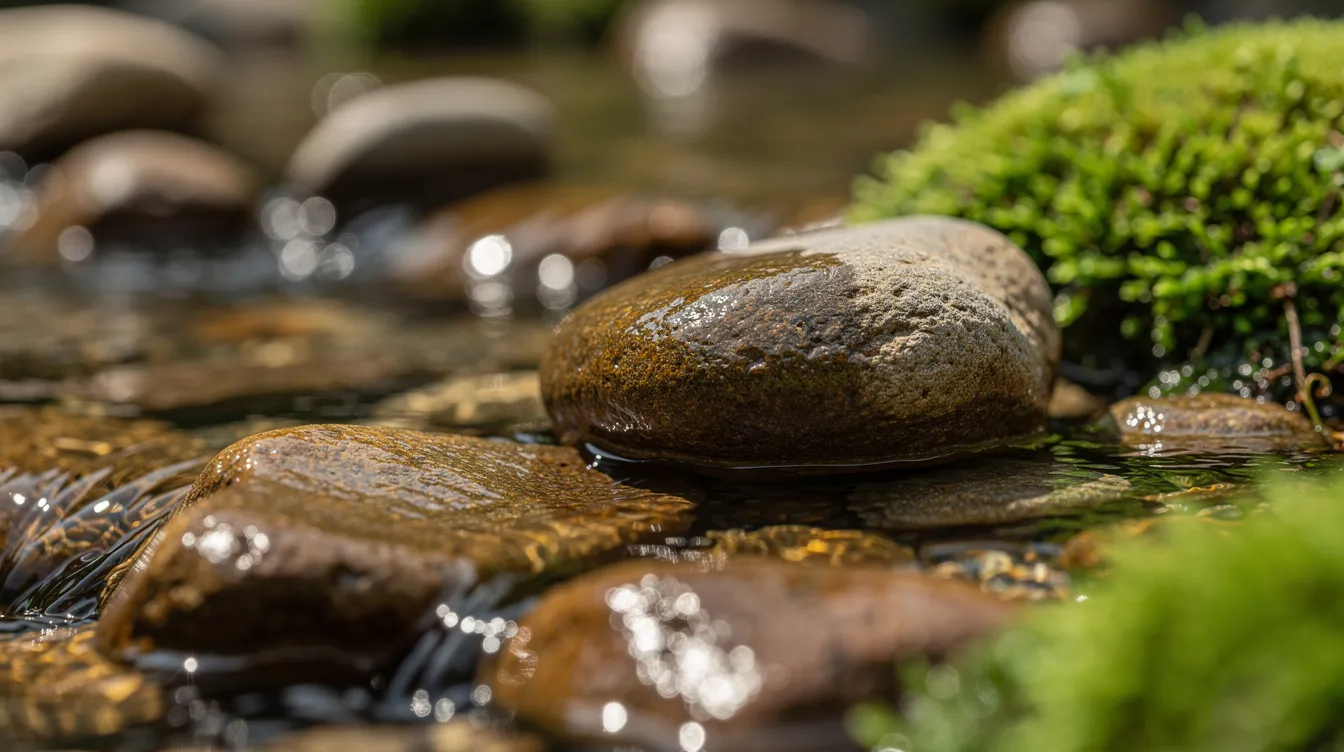 Das Bild zeigt sanft fließendes Wasser, das über glatte Flusssteine gleitet, umgeben von grünem Moos. Diese harmonische Szene spiegelt die Weisheiten von Laotse wider, die die Balance und die Kraft der Natur betonen.
