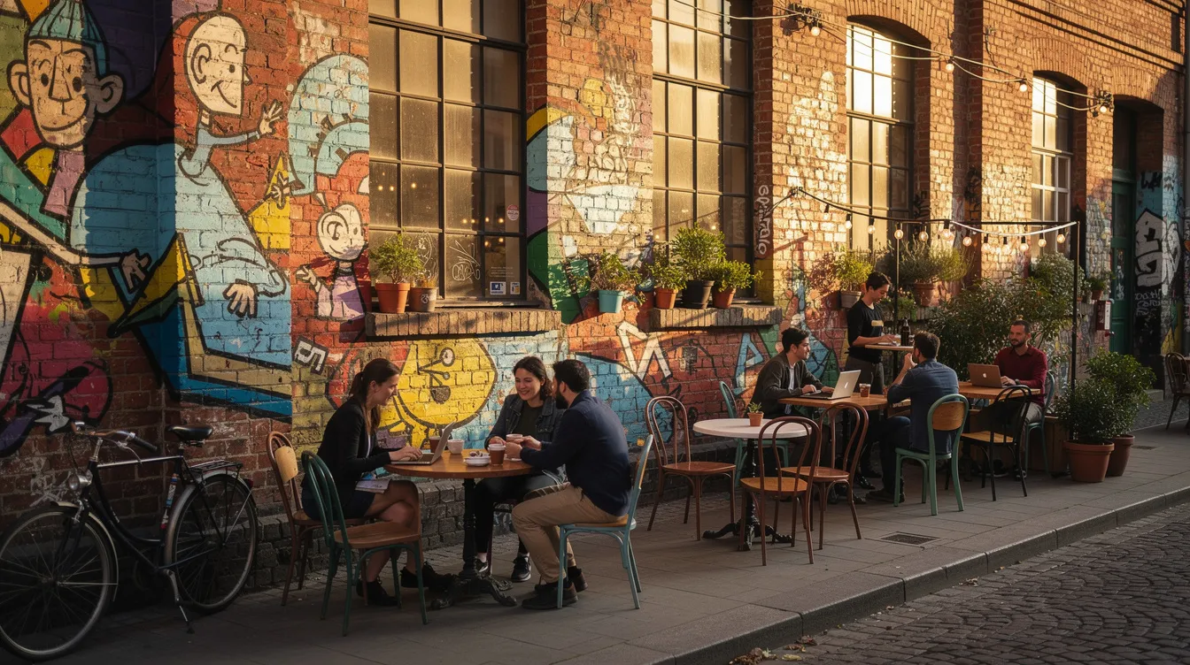 Das Bild zeigt eine Backsteinfassade, die mit lebendiger Straßenkunst verziert ist, und ein einladendes Außencafé in einem kreativen Viertel. Diese Szene spiegelt die dynamische Atmosphäre einer Megacity wie Shenzhen wider, wo Kunst und urbanes Leben miteinander verschmelzen.