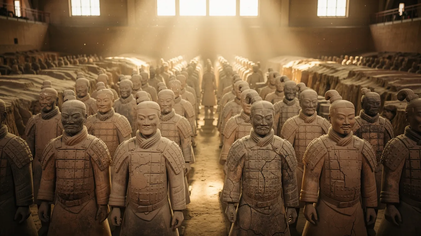 Eine Nahaufnahme zeigt die beeindruckenden Reihen der Terrakotta-Krieger in einer großen Ausgrabungshalle, beleuchtet von warmem Licht, das die Details dieser historischen Figuren betont. Diese faszinierende Kulturstätte in China ist ein bedeutendes Erlebnis für Reisende und ein Teil des Weltwunders, das die Geschichte des Reichs der Mitte verkörpert.