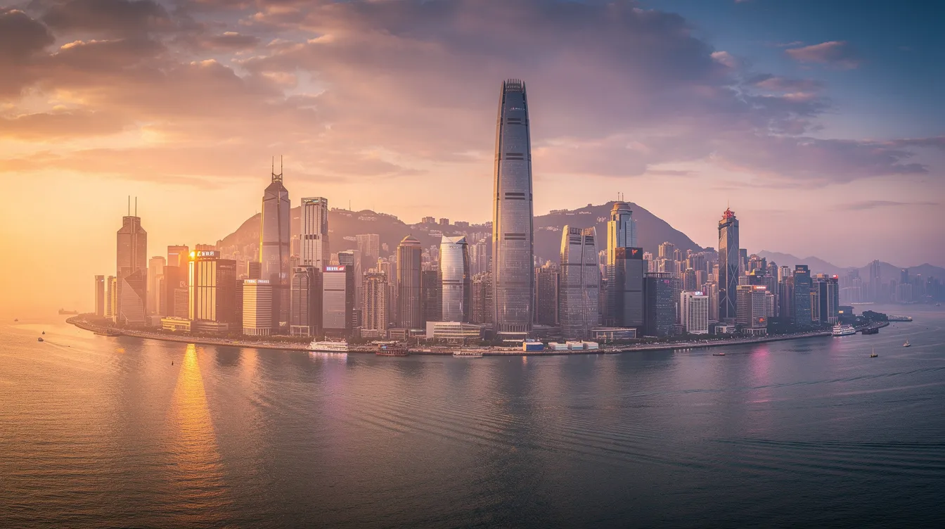 Ein Panoramablick auf die beeindruckende Skyline von Shenzhen bei Sonnenuntergang zeigt die majestätischen Wolkenkratzer, die sich gegen den bunten Himmel abheben, während im Vordergrund die ruhige Shenzhen Bay zu sehen ist. Diese Megacity ist bekannt für ihre technologische Innovation und als bedeutender Wirtschaftsstandort in China.