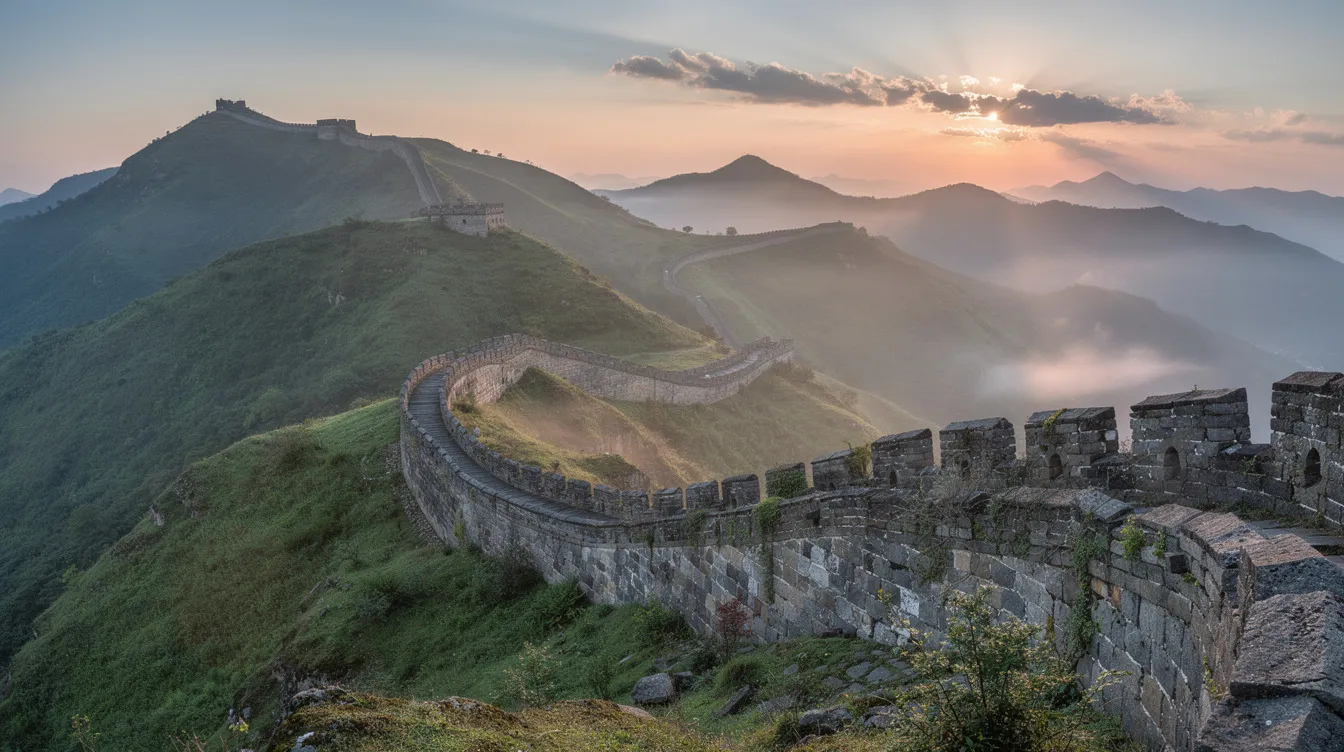 Ein atemberaubender Panoramablick zeigt eine historische Steinmauer, die sich sanft durch grüne Berghügel schlängelt, während die ersten Sonnenstrahlen den Himmel in warmen Farben erleuchten. Diese beeindruckende Landschaft, die Teil der berühmten Chinesischen Mauer ist, vermittelt ein Gefühl von Geschichte und Kultur inmitten der Natur.
