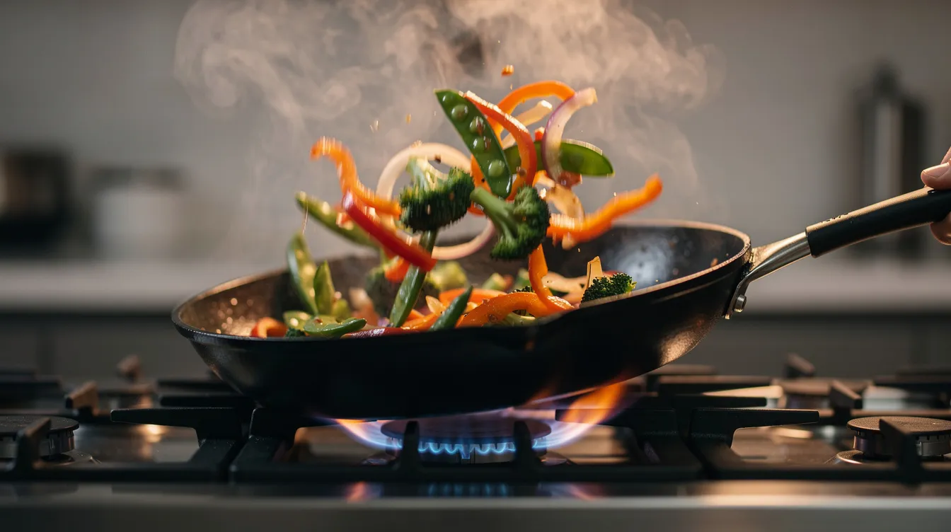 Ein Wok steht auf einer Gasflamme und enthält buntes Gemüse, das gerade geschwenkt wird, während Dampf aufsteigt. Diese Szene spiegelt die Vielfalt und Aromen der chinesischen Küche wider, die in vielen köstlichen Gerichten wie frischen Frühlingsrollen und Jiaozi Teigtaschen zur Geltung kommen.