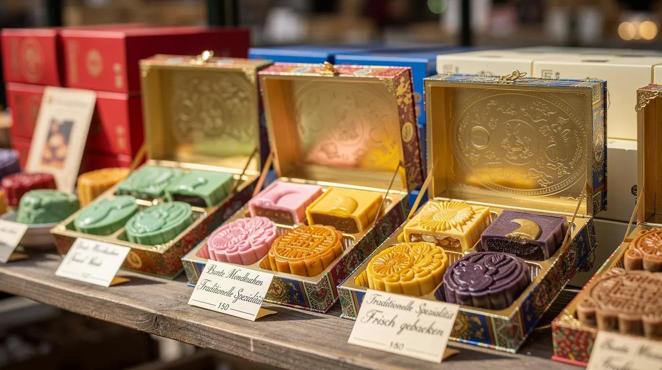 Auf einem Markttisch liegen bunte Mondkuchen in aufwändigen Geschenkboxen, die anlässlich des Mondfestes präsentiert werden. Diese traditionellen Leckereien sind ein wichtiger Teil der Feierlichkeiten und symbolisieren das Zusammensein von Familien während der chinesischen Feiertage.