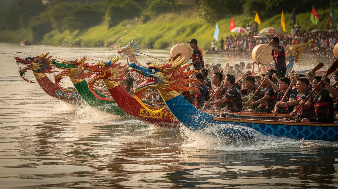 Auf einem breiten Fluss sind mehrere Drachenboote mit bunten Drachenköpfen zu sehen, die an einem aufregenden Wettrennen teilnehmen. Diese Szene spiegelt die Traditionen des Drachenbootfests wider, das oft während der chinesischen Feiertage gefeiert wird.