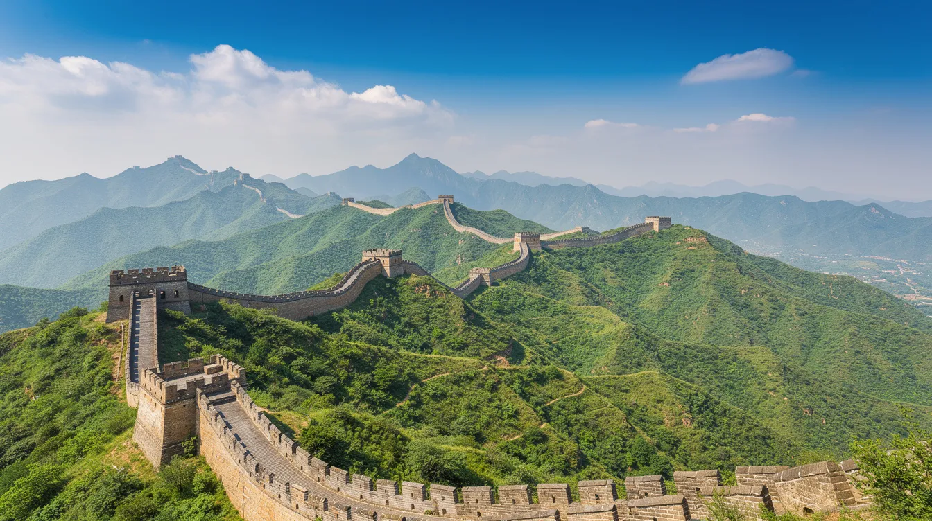 Die Chinesische Mauer schlängelt sich majestätisch über grüne Bergrücken, während die Sonne hell scheint und die Landschaft in warmes Licht taucht. Dieses beeindruckende Bauwerk, ein Symbol der Ming-Dynastie, zeugt von der reichen Geschichte und Kultur Chinas.
