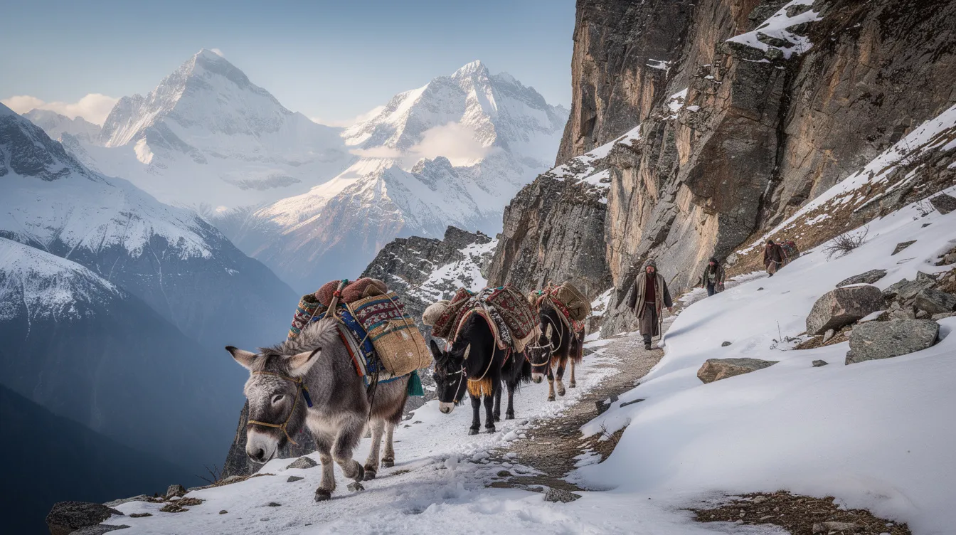Ein schmaler Pfad führt durch einen majestätischen Bergpass, wo beladene Lasttiere, die an die Handelsrouten der Antike erinnern, zwischen schneebedeckten Gipfeln hindurchziehen. Diese Szene spiegelt die Bedeutung der Seidenstraße wider, die einst den Austausch von Waren und Kulturen zwischen Asien und Europa ermöglichte.