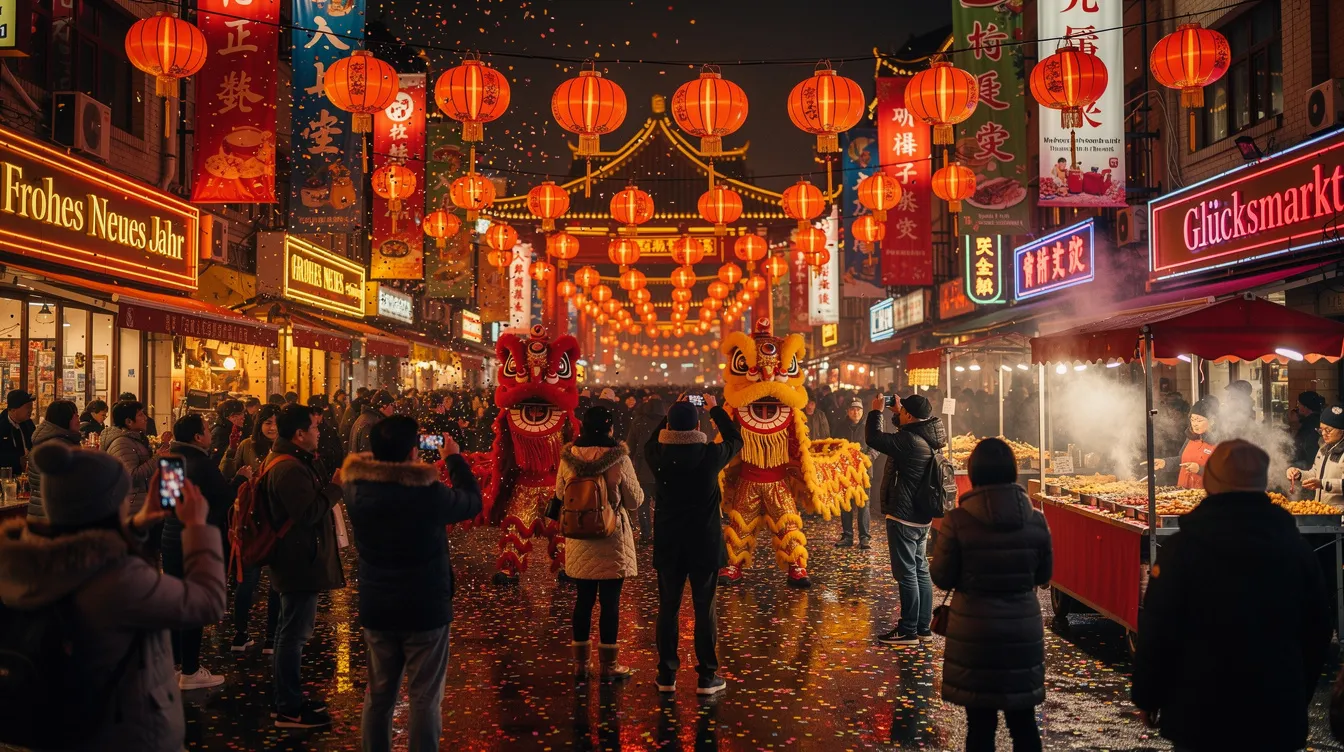 Eine belebte chinesische Straße während des Neujahrsfestes, geschmückt mit roten Laternen und bunten Bannern, zeigt feiernde Menschen, die Glückssymbole und Zeichen des neuen Jahres zelebrieren. Die Atmosphäre ist festlich und voller Freude, was die Bedeutung des Glücks in der chinesischen Kultur unterstreicht.