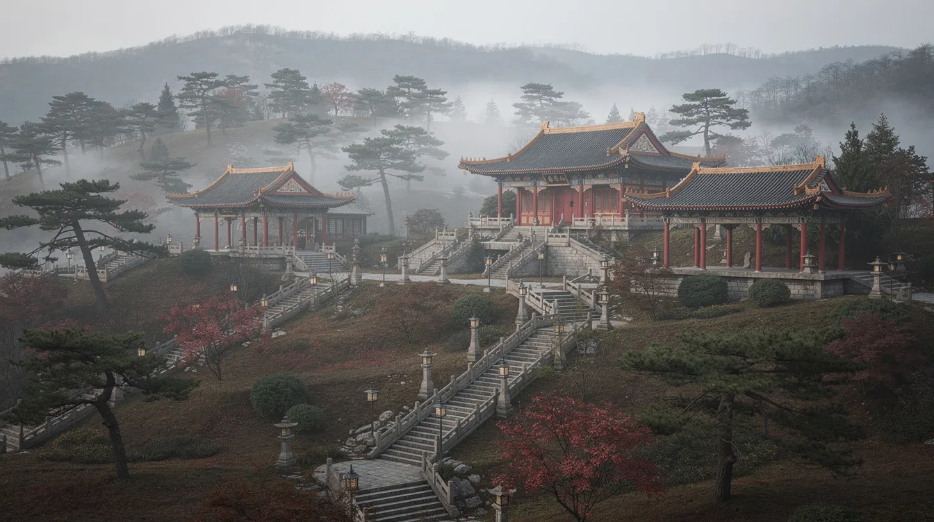 Die traditionelle chinesische Tempelanlage, umgeben von sanften Hügeln, Bäumen und mystischem Nebel, spiegelt die Weisheit und Lehren des Konfuzius wider. Hier vereinen sich Geschichte und Kultur in einem harmonischen Raum, der zum Nachdenken über die Philosophie und das Leben einlädt.