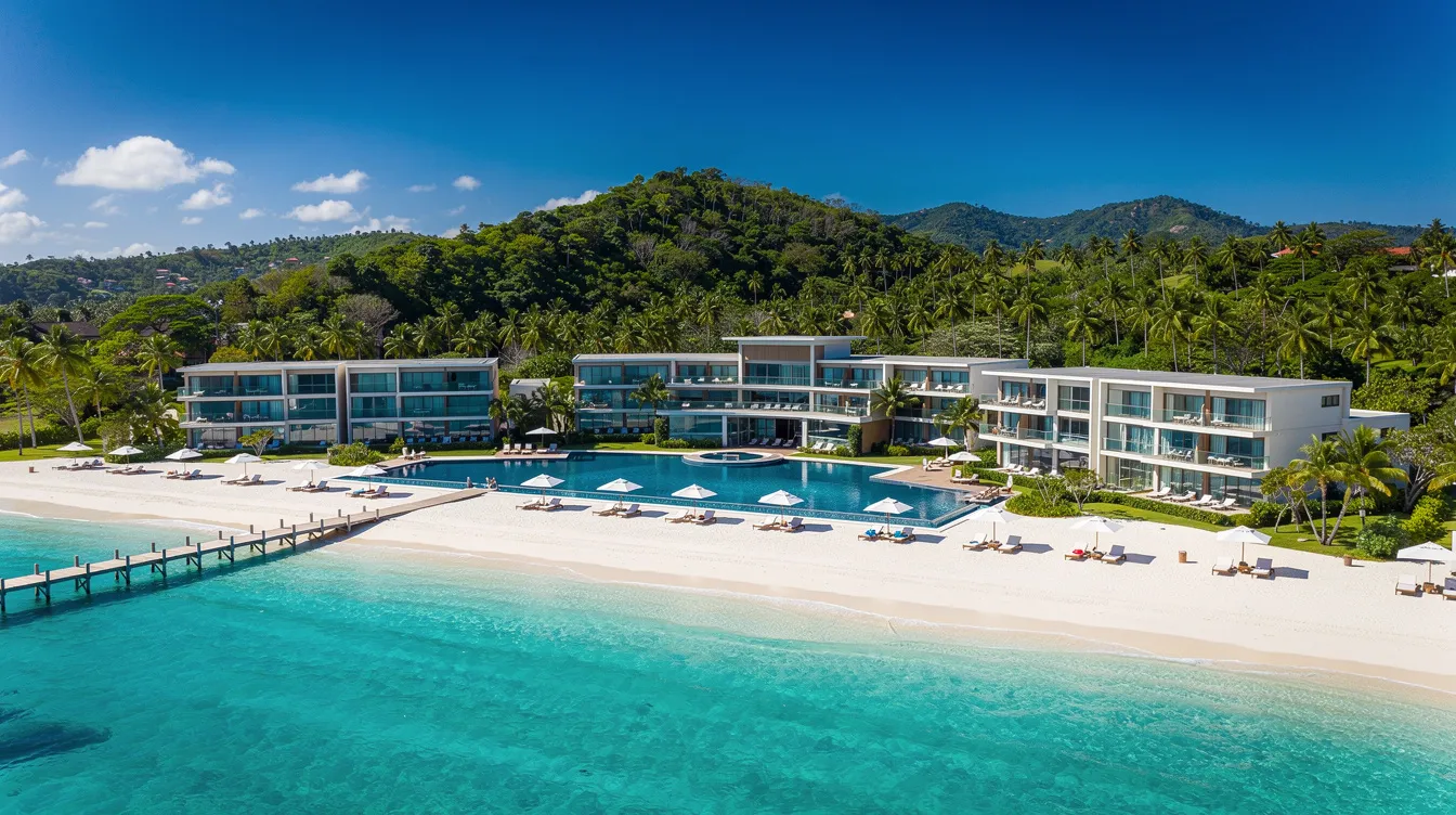 Die luxuriöse Hotelanlage liegt an einer weißen Sandbucht mit klarem Wasser, umgeben von tropischer Vegetation, die das Urlaubsparadies auf Hainan Island perfekt ergänzt. Im Hintergrund sind sanfte Hügel und die malerische Küstenlinie sichtbar, die dieses Reiseziel zu einem idealen Ort für Erholung und Naturgenuss machen.