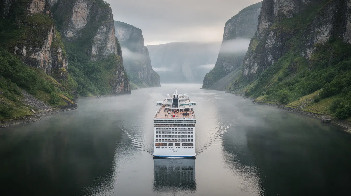 Ein weißes Kreuzfahrtschiff fährt auf dem breiten Yangtze-Fluss, umgeben von hohen, steilen Felswänden, die mit grüner Vegetation bewachsen sind. Leichter Nebel umhüllt die Landschaft, die Teil des beeindruckenden Drei-Schluchten-Projekts in China ist.