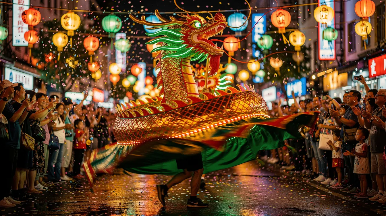 In einer festlichen Parade zum chinesischen Neujahr tanzen Drachentänzer unter bunten Lichtern, während eine jubelnde Menschenmenge die Feierlichkeiten umringt. Die Atmosphäre ist lebhaft und voller Freude, was die Bedeutung des Mondneujahrs und die kulturellen Bräuche deutlich macht.