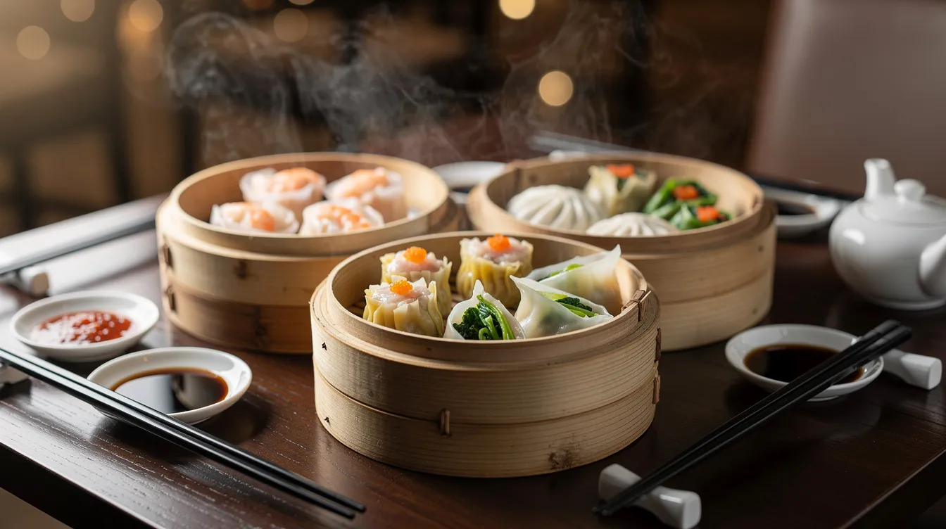 Auf einem eleganten Restauranttisch stehen dampfende Dim-Sum-Körbe aus Bambus, die ein Teil der traditionellen chinesischen Küche sind. Das Ambiente erinnert an die Blütezeit der Ming-Dynastie, während der die kulinarischen Spezialitäten Chinas große Bedeutung hatten.