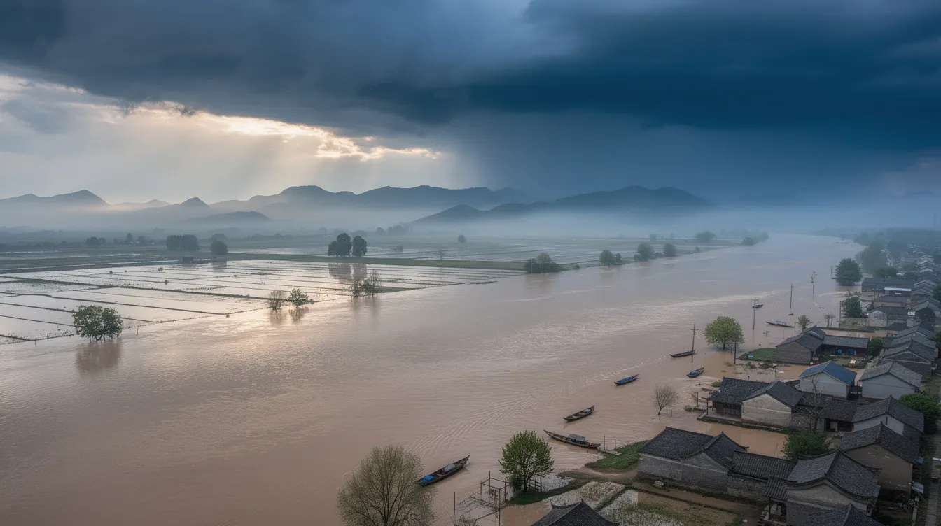 Die weite chinesische Flusslandschaft zeigt überflutete Uferbereiche unter einem dramatischen Himmel. Diese Szenerie erinnert an die klimatischen Veränderungen, die während der Tang-Dynastie stattfanden und die Gesellschaft sowie die Landwirtschaft in China beeinflussten.
