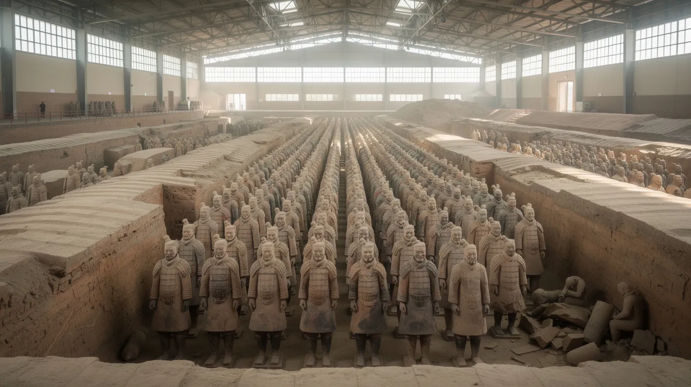 In einer großen Ausgrabungshalle stehen die lebensgroßen Terrakottasoldaten in militärischer Formation, die Teil der berühmten Terrakotta-Armee aus der Zeit der chinesischen Kaiser sind. Diese beeindruckenden Tonfiguren repräsentieren die Geschichte und Kultur des alten China unter der Herrschaft der Qin-Dynastie.