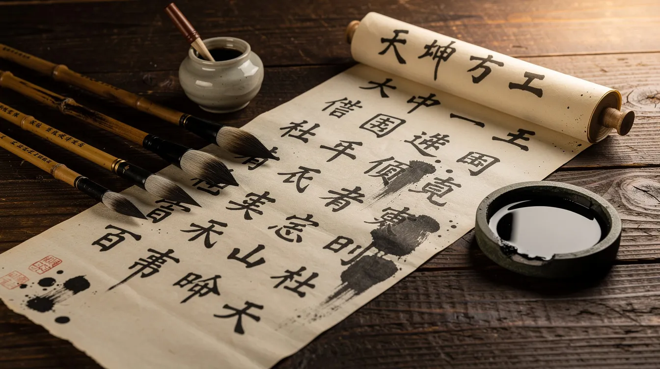 Auf einem Holztisch liegen traditionelle chinesische Kalligrafie-Pinsel und Schriftrollen, die die Weisheit und Lehren des Konfuzius widerspiegeln. Diese Kalligrafie-Elemente sind Teil der reichen Kultur und Geschichte Chinas, die über Jahrtausende hinweg das Denken und Handeln der Menschen geprägt haben.