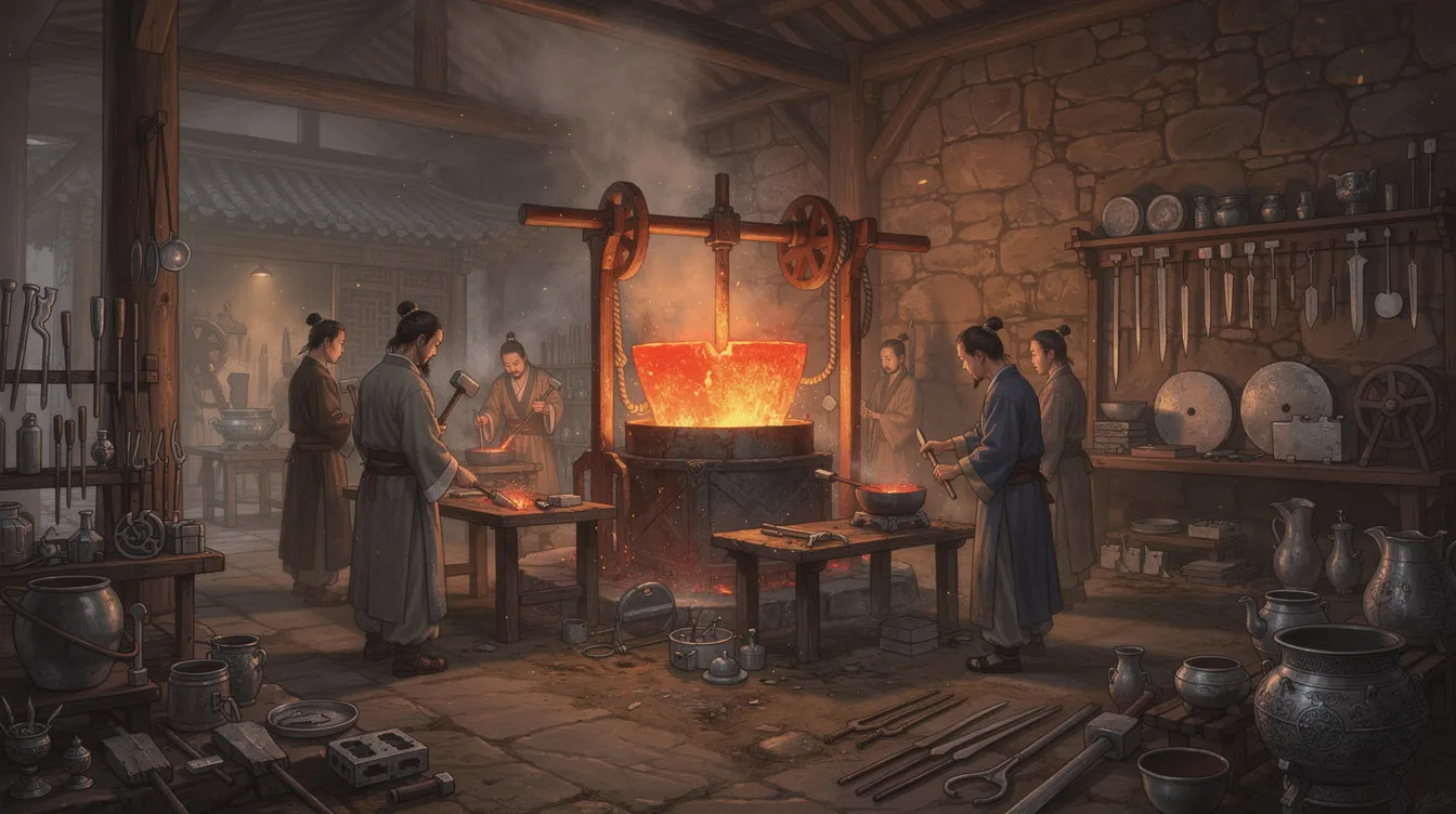 Die Darstellung zeigt eine antike chinesische Werkstatt aus der Han-Zeit, in der Arbeiter an einem Schmelzofen tätig sind. Umgeben von verschiedenen Werkzeugen und Metallgegenständen, vermittelt die Szene einen Eindruck von der handwerklichen Fertigung und den Erfindungen, die während dieser bedeutenden Phase der Geschichte Chinas entstanden sind.