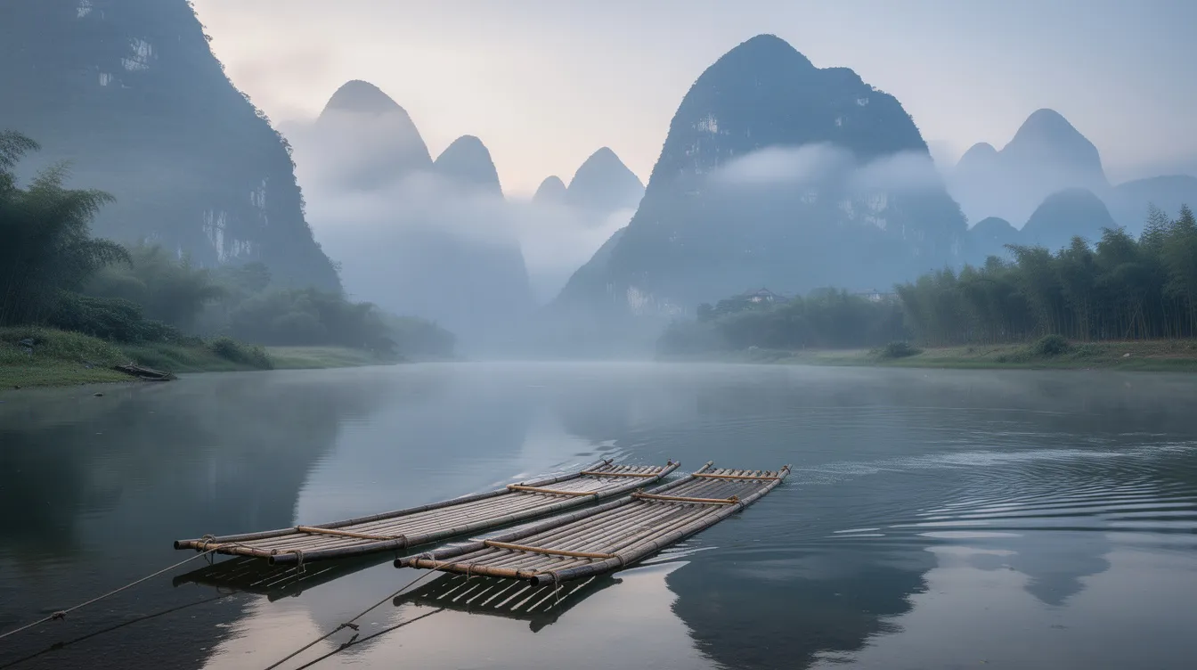 Ein Panoramablick zeigt nebelverhangene Karstberge, die majestätisch entlang des ruhigen Li Flusses in der Region Yangshuo, Guilin, aufragen. Im Vordergrund schwimmen Bambusflöße sanft auf dem Wasser und laden Reisende ein, die Schönheit dieser einzigartigen Landschaft zu genießen.