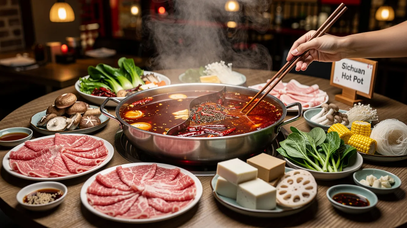 Ein dampfender Sichuan Hot Pot mit einer roten, scharfen Brühe steht im Mittelpunkt, umgeben von Schälchen mit verschiedenen Zutaten wie frischem Fleisch, buntem Gemüse und Tofu. Dieses Gericht spiegelt die kulinarische Vielfalt der Provinz Sichuan wider, die bekannt ist für ihre intensiven Aromen und die reiche Esskultur.