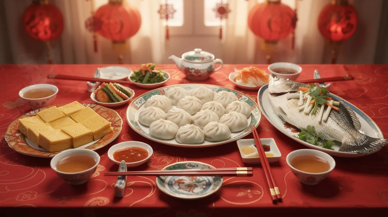 Ein reich gedeckter Tisch mit traditionellen chinesischen Neujahrsgerichten zeigt köstliche Teigtaschen, einen ganzen Fisch und Reiskuchen, die symbolisch für Wohlstand und Glück im neuen Jahr stehen. Diese festliche Anordnung spiegelt die Bedeutung des Neujahrsfestes in der chinesischen Kultur wider.