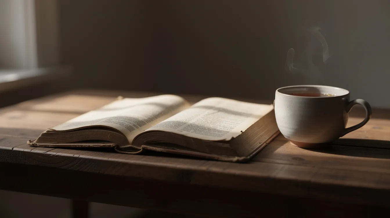 Ein aufgeschlagenes altes Buch mit tiefgründigen Lebensweisheiten von Laotse liegt auf einem schlichten Holztisch, neben einer dampfenden Tasse Tee. Die Seiten des Buches sind mit feinen Schriftzeichen gefüllt, die die Gedanken des Philosophen über das Universum und die Balance im Leben widerspiegeln.