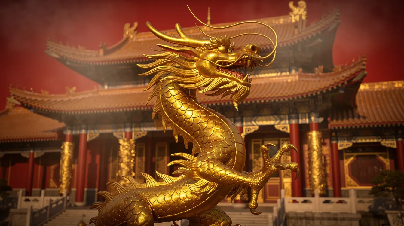 Eine goldene Drachenskulptur steht majestätisch vor einem traditionellen chinesischen Tempel, der von einem lebhaften roten Hintergrund umgeben ist. Diese Darstellung symbolisiert Glück und ist ein typisches Zeichen für chinesische Glückssymbole.
