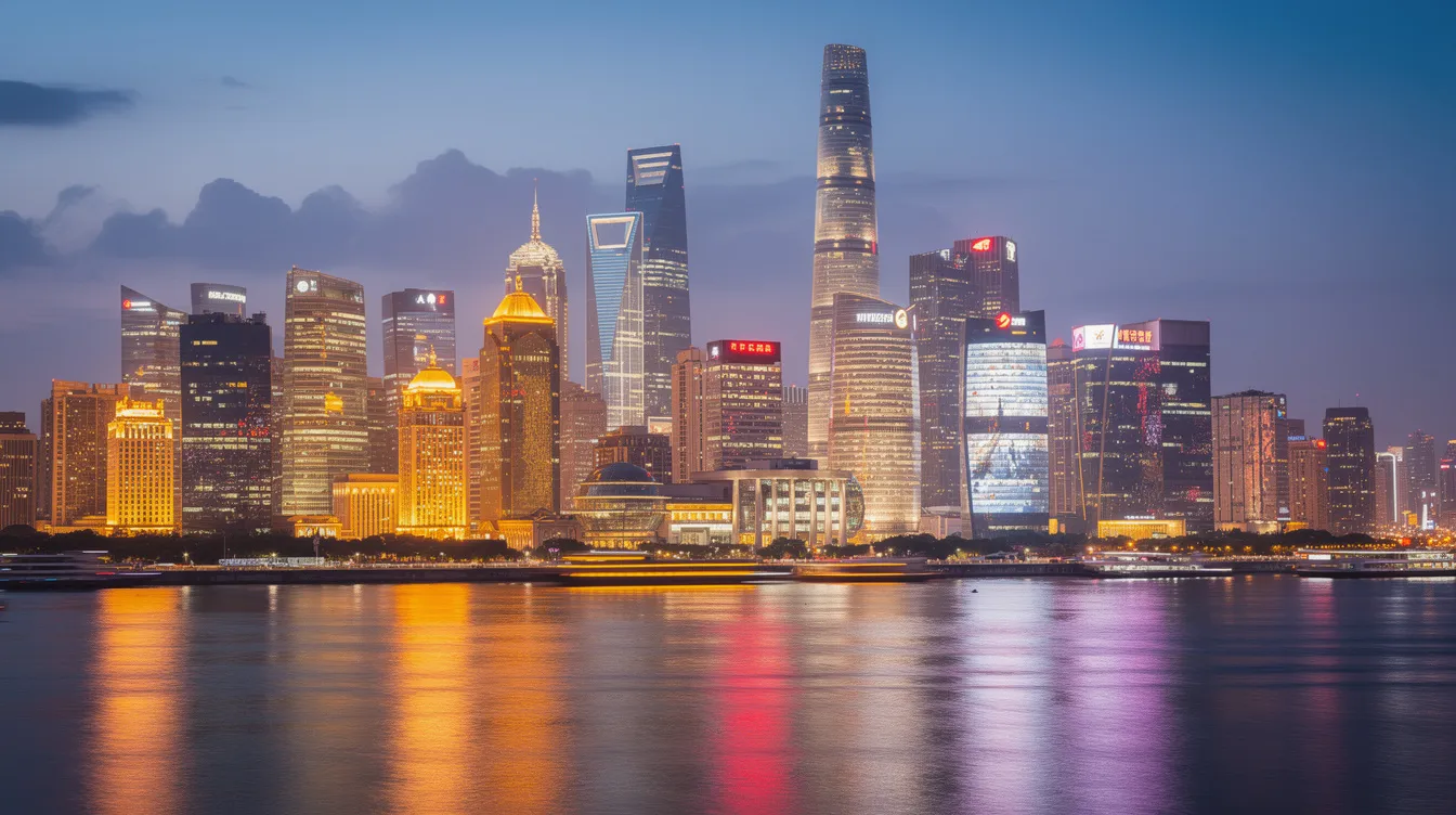 Die abendliche Skyline von Shanghai zeigt beleuchtete Wolkenkratzer, deren Licht sich malerisch im Huangpu-Fluss spiegelt. Diese beeindruckende Stadtlandschaft ist ein faszinierendes Beispiel für die moderne Architektur Chinas und lädt zu einer unvergesslichen Reise ein.