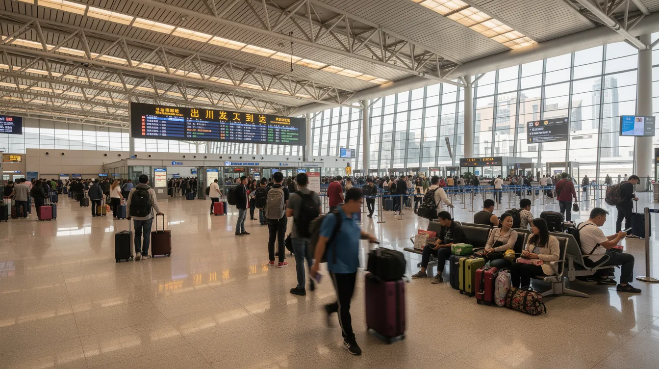 Ein großer, belebter Bahnhof in China zeigt eine Menschenmenge, die mit Gepäck beschäftigt ist. Die Atmosphäre ist geprägt von der Hektik der Reisenden, die während der Feiertage, wie dem chinesischen Neujahr, unterwegs sind, um ihre Familien zu besuchen und Traditionen zu pflegen.