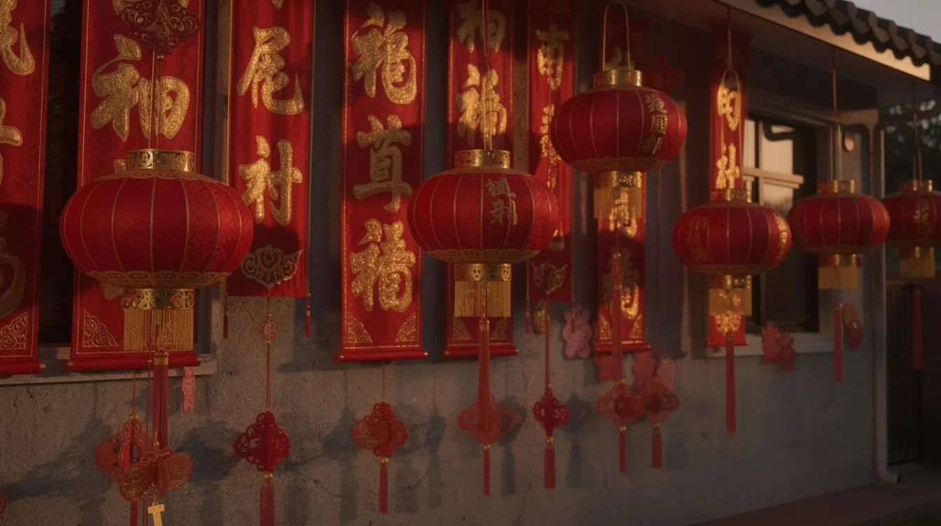 Die traditionelle rote chinesische Neujahrs-Dekoration an einer Hauswand zeigt goldene Ornamente und Laternen, die als Glückssymbole gelten. Diese Symbole verkörpern Freude und Wohlstand und sind ein bedeutendes Zeichen für das neue Jahr.