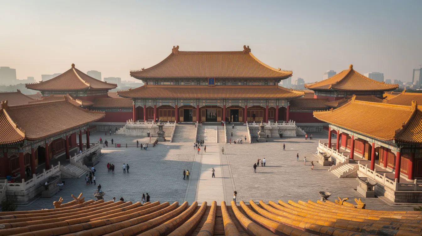 Das Bild zeigt die majestätische Architektur der Verbotenen Stadt in Peking, mit traditionellen chinesischen Dächern und einem weitläufigen Innenhof. Diese beeindruckende Darstellung aus der Qing-Dynastie spiegelt die reiche Geschichte und Kultur Chinas wider.
