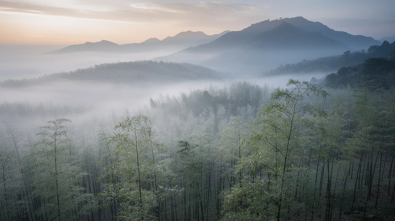 Das Bild zeigt ein nebliges Bergpanorama, in dem ein üppiger Bambuswald zu sehen ist. Sanfte Nebelschwaden ziehen über die Landschaft und verleihen der Szenerie eine mystische Atmosphäre, die an die tiefen Lebensweisheiten von Laotse erinnert.