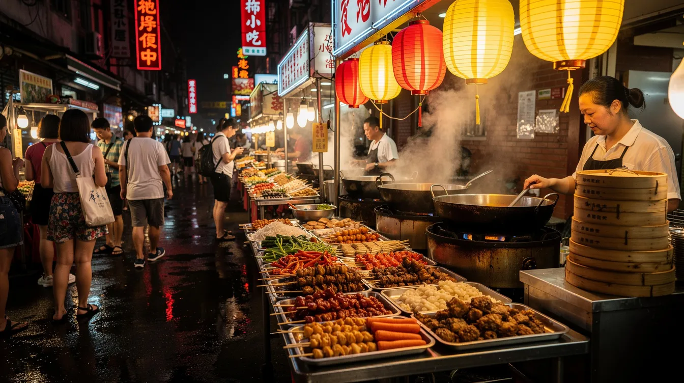 Der belebte chinesische Nachtmarkt zeigt dampfende Garküchen, die eine Vielzahl köstlicher Gerichte wie Dim Sum, Frühlingsrollen und gegrillte Spieße anbieten. Bunte Laternen erhellen die Szene und schaffen eine einladende Atmosphäre, während die Aromen von Gewürzen und frischen Zutaten die Luft erfüllen.