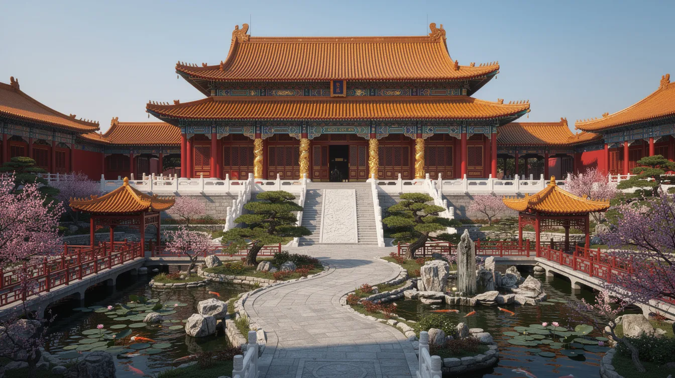 Das Bild zeigt einen prächtigen kaiserlichen Palastkomplex aus der Qing-Dynastie, geschmückt mit aufwendigen roten und goldenen Verzierungen, umgeben von gepflegten Gärten. Die Architektur spiegelt die künstlerischen Errungenschaften und den Reichtum der chinesischen Geschichte wider.