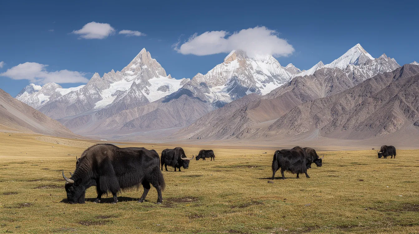 Eine weite Hochebene mit grasenden Yaks erstreckt sich vor schneebedeckten Bergen unter einem strahlend blauen Himmel, was die beeindruckende Landschaft Chinas zeigt. Diese Region ist ein beliebtes Ziel für Reisende, die die Vielfalt und Schönheit der Natur während ihrer Rundreise durch China erleben möchten.