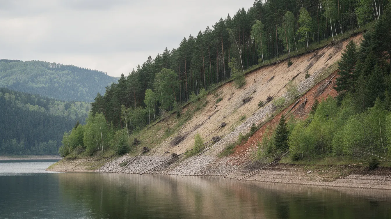Ein steiler, bewaldeter Hang erstreckt sich entlang eines großen Stausees, dessen Wasserspiegel deutlich sichtbar ist. Erosionsspuren und freiliegendes Erdreich zeugen von den natürlichen Kräften, die in dieser beeindruckenden Landschaft des Drei Schluchten Projekts wirken.