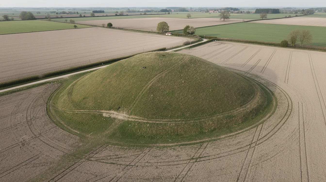 Die Luftaufnahme zeigt einen großen, mit Gras bewachsenen antiken Grabhügel, der von flachem Ackerland umgeben ist. Dieser Hügel ist Teil der beeindruckenden Grabanlage des ersten Kaisers von China, Qin Shi Huang, und könnte Teil der legendären Terrakotta-Armee sein, die in der Nähe entdeckt wurde.