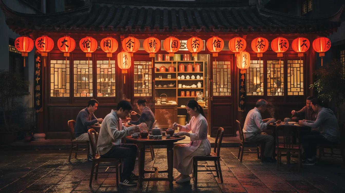 Das Bild zeigt ein traditionelles chinesisches Teehaus in der Provinz Sichuan, umgeben von roten Laternen. Menschen sitzen an kleinen Tischen und genießen ihren Tee, während die Atmosphäre des Südwestens Chinas mit seiner Schönheit und Kultur spürbar ist.