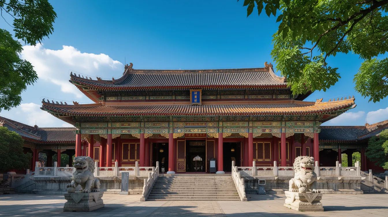 Das Bild zeigt eine beeindruckende traditionelle chinesische Palastarchitektur aus der Ming-Dynastie mit geschwungenen Dächern und roten Säulen, die vor einem strahlend blauen Himmel erstrahlen. Diese Architektur verkörpert die reiche Kultur und Geschichte Chinas während der Ming-Zeit.