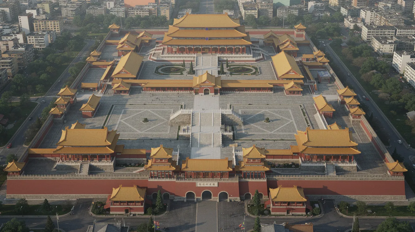 Eine Luftaufnahme zeigt eine beeindruckende Palastanlage mit roter Mauer und goldenen Dächern, die symmetrisch angeordnet sind und an die Pracht der chinesischen Kaiser und die Qing-Dynastie erinnern. Die Architektur spiegelt die reiche Geschichte und Kultur Chinas wider.