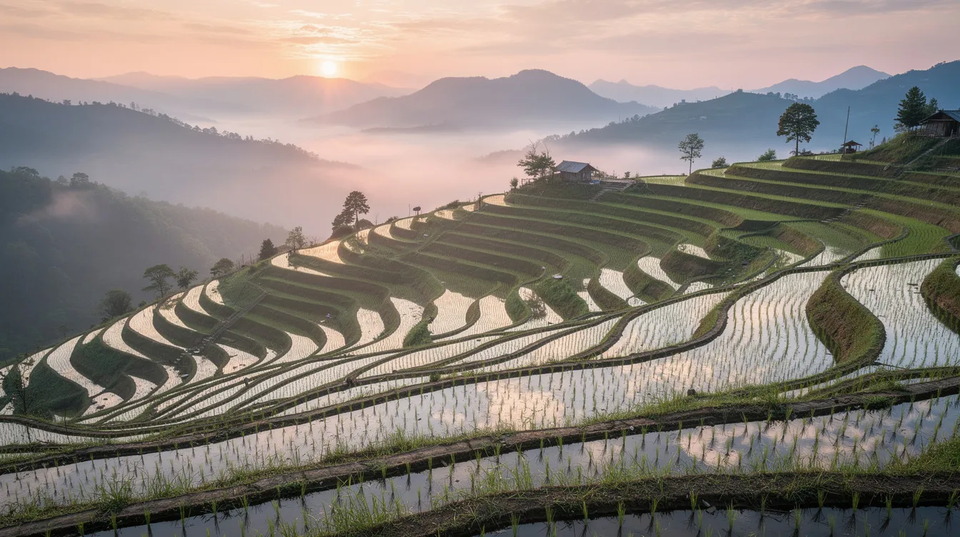 Die terrassierten Reisfelder spiegeln das sanfte Licht des Sonnenaufgangs wider und sind eingebettet in eine hügelige Berglandschaft, die von der Jade Dragon Snow Mountain-Kette geprägt ist. Diese beeindruckende Naturkulisse befindet sich in der Nähe von Lijiang in der Provinz Yunnan, wo die Bai-Kultur und die atemberaubende Landschaft Reisende aus der ganzen Welt anziehen.