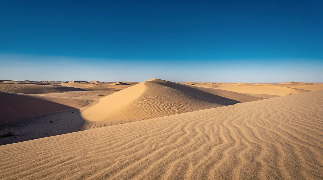 Die weite Wüstenlandschaft zeigt sanfte Sanddünen unter einem klaren blauen Himmel, die an die antiken Handelsrouten der Seidenstraße erinnern. Diese Region, reich an Geschichte und Kultur, war einst ein wichtiger Weg für Händler und Reisende, die Waren und Ideen zwischen Asien und Europa austauschten.
