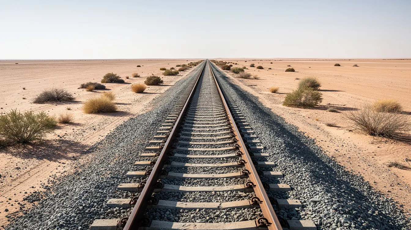 Ein moderner Eisenbahngleis erstreckt sich durch die flache Landschaft der Taklamakan-Wüste, umgeben von spärlicher Vegetation und vereinzelten Bäumen. Die sanften Sanddünen und das trockene Klima der Region Xinjiang prägen die karge, aber faszinierende Umgebung.