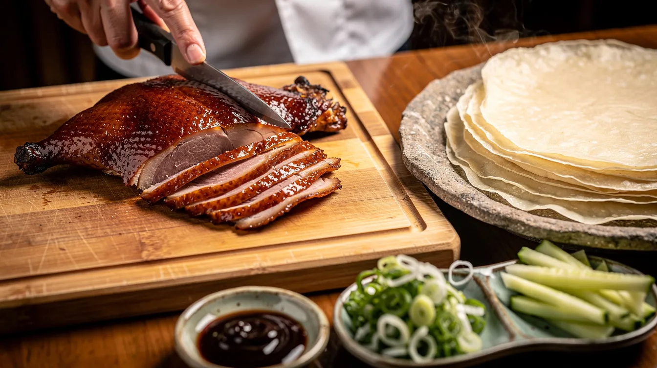 Auf dem Bild wird eine köstliche Pekingente in dünne Scheiben geschnitten, umgeben von frischen Pfannkuchen, knackigen Frühlingszwiebeln und einer würzigen Hoisin-Sauce. Diese Spezialität der chinesischen Küche verspricht ein Geschmackserlebnis voller Aromen und Traditionen.