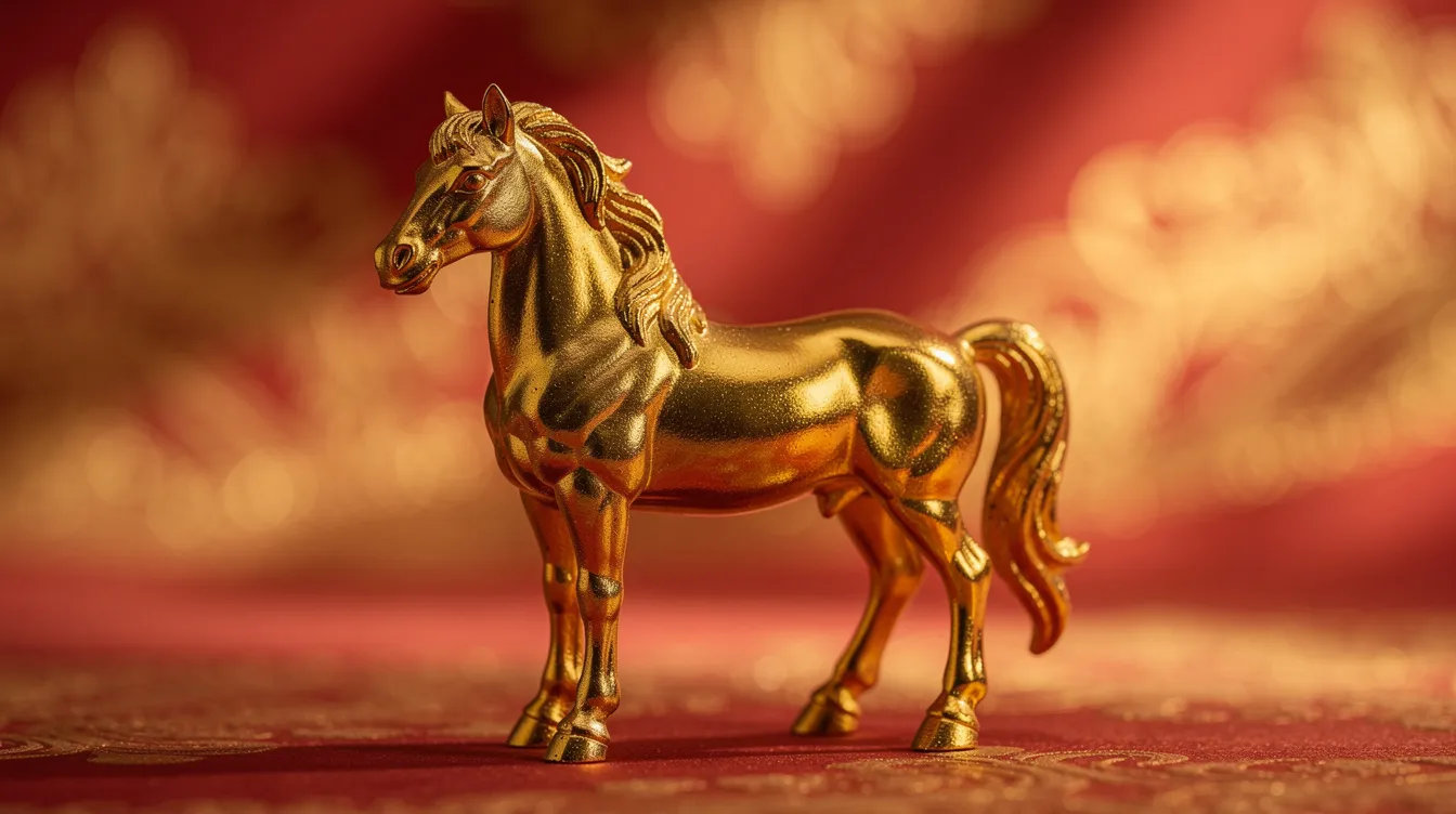 Die goldene Pferdefigur steht vor einem festlichen roten und goldenen Hintergrund, der die Atmosphäre des chinesischen Neujahrs und der Feierlichkeiten des Neujahrsfestes widerspiegelt. Diese Darstellung symbolisiert Glück und Wohlstand im neuen Jahr.