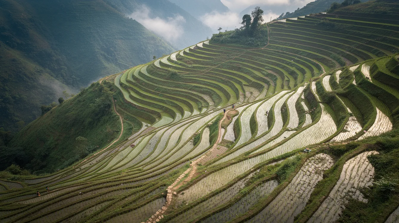 Die Vogelperspektive zeigt terrassierte Reisfelder, die sich an steilen Berghängen erstrecken und von schmalen Pfaden durchzogen sind. Diese Landschaft ist ein typisches Merkmal der Region Yangshuo in Guilin, China, und verkörpert die Schönheit der Karstlandschaft.
